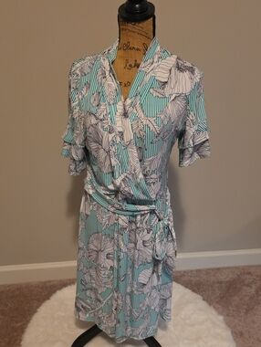 Claiborne Aqua and White Floral Stripe Dress